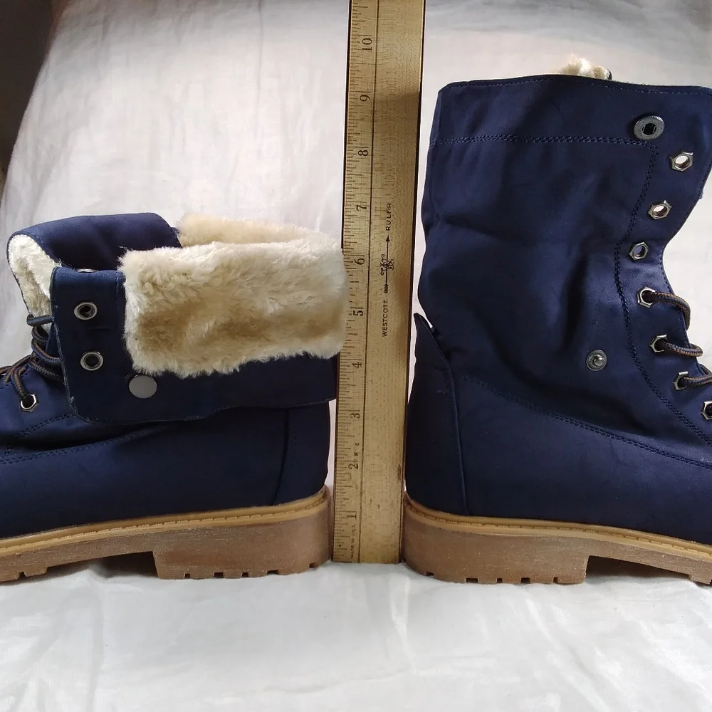 DREAM PAIRS Navy Blue BOOTS Womens Size 10 Faux Fur Lined Lace Up Fold Ankle